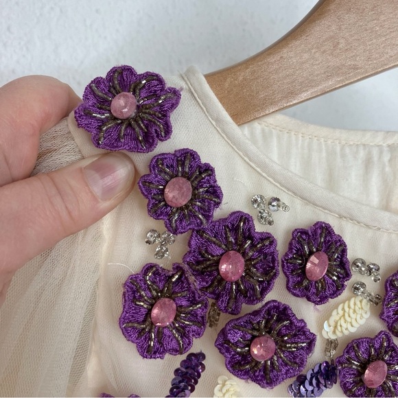 Tutu du Monde tulle dress long sleeve ivory w/‎ beaded purple flowers 2-3 years - Picture 3 of 8
